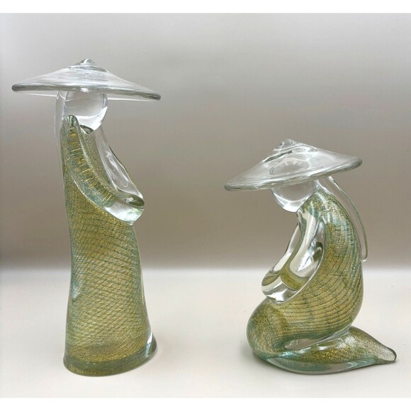 Rare VTG Murano Chinese Couple with Gold Fleck Stripe Standing & Sitting - Picture 1 of 11